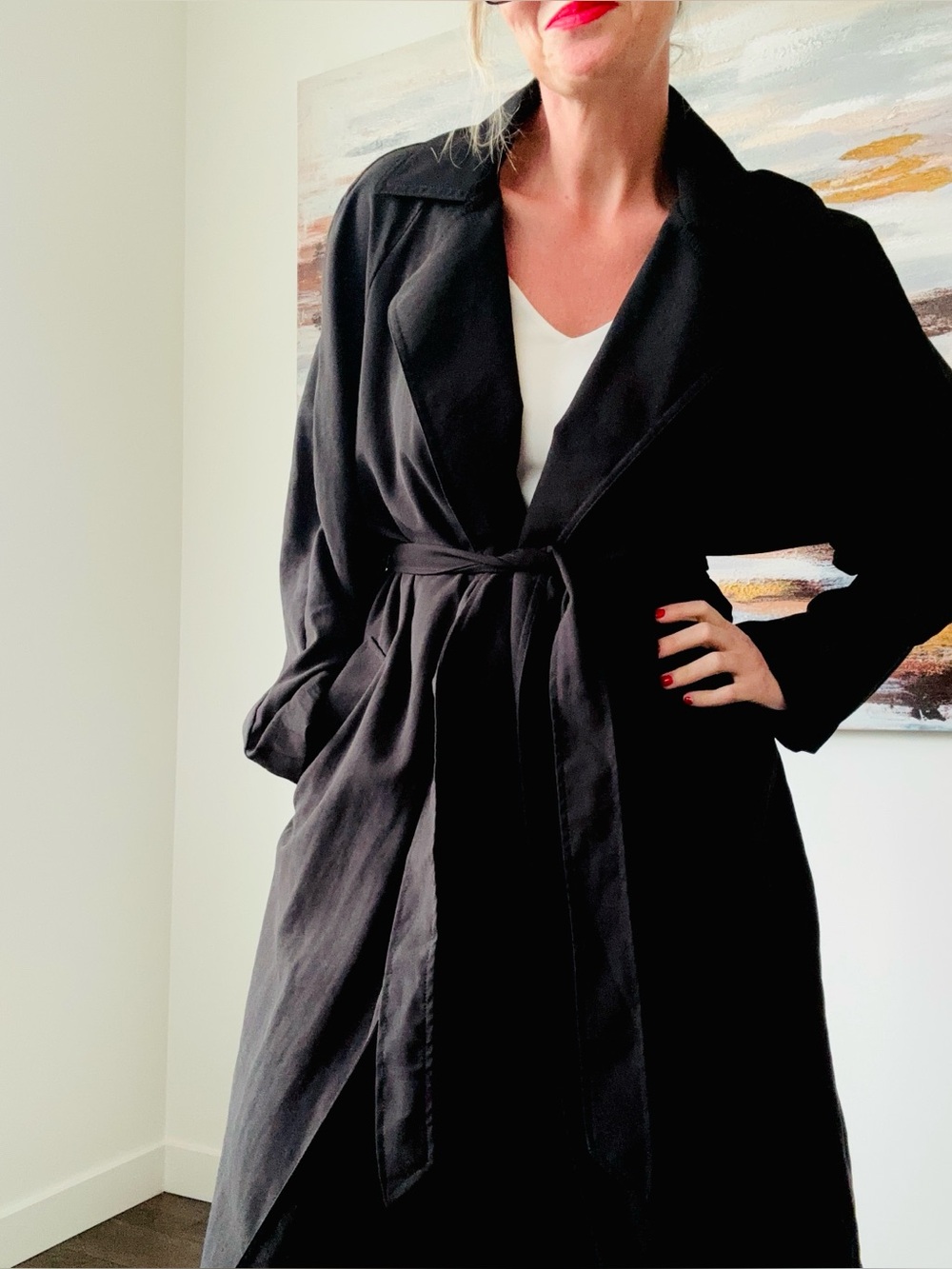 H&M Lightweight Black Tie Waist Trench Coat Duster Size Large